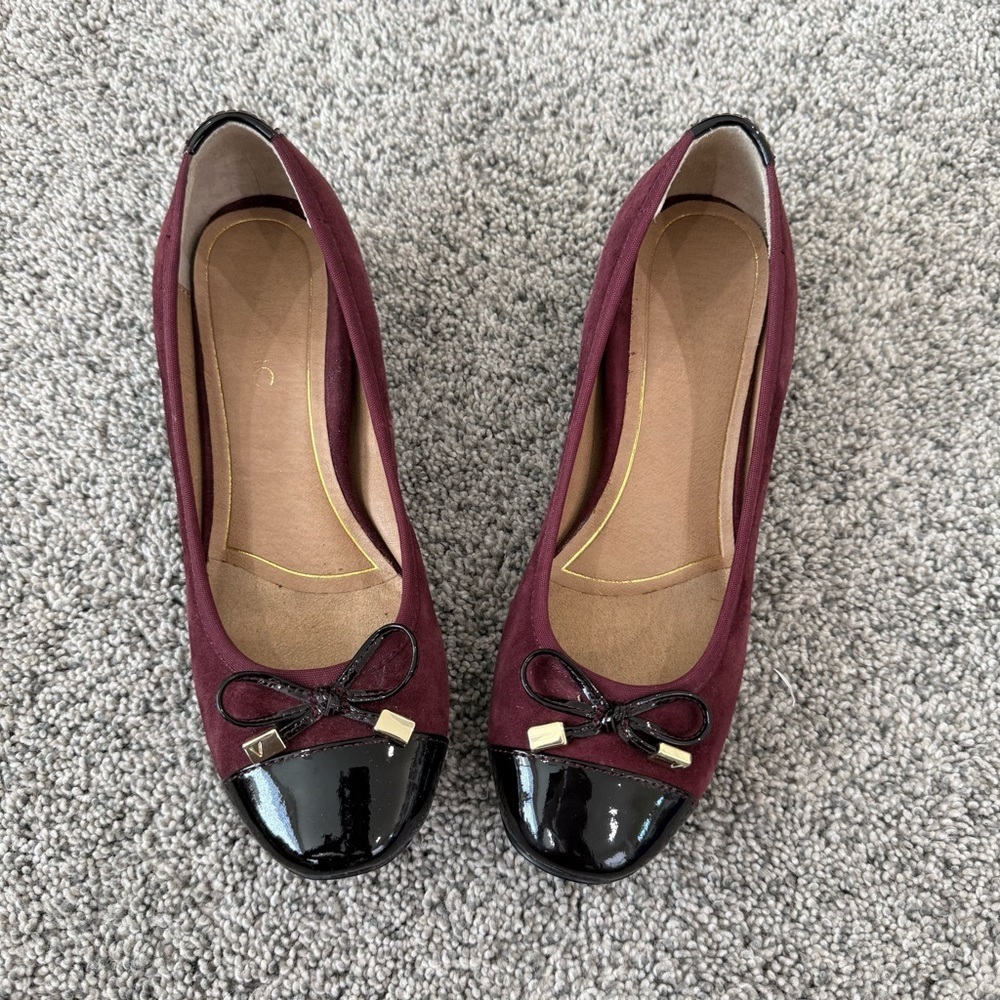 Vionic Mod Daphne Chunky Heel Leather Suede Burgandy Black Slip On Shoes US 6